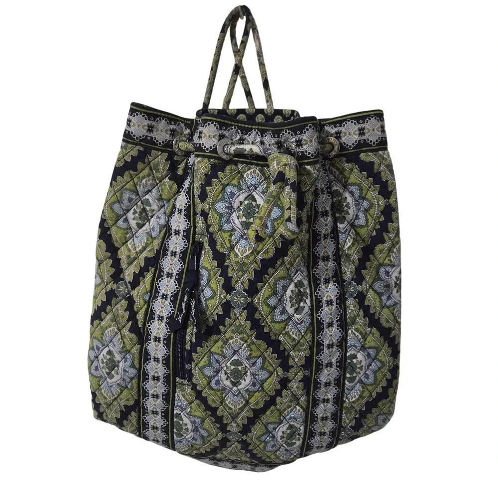 Vera Bradley Retired Cambridge Quilted Cinch Backpack Bag Green Floral Pattern
